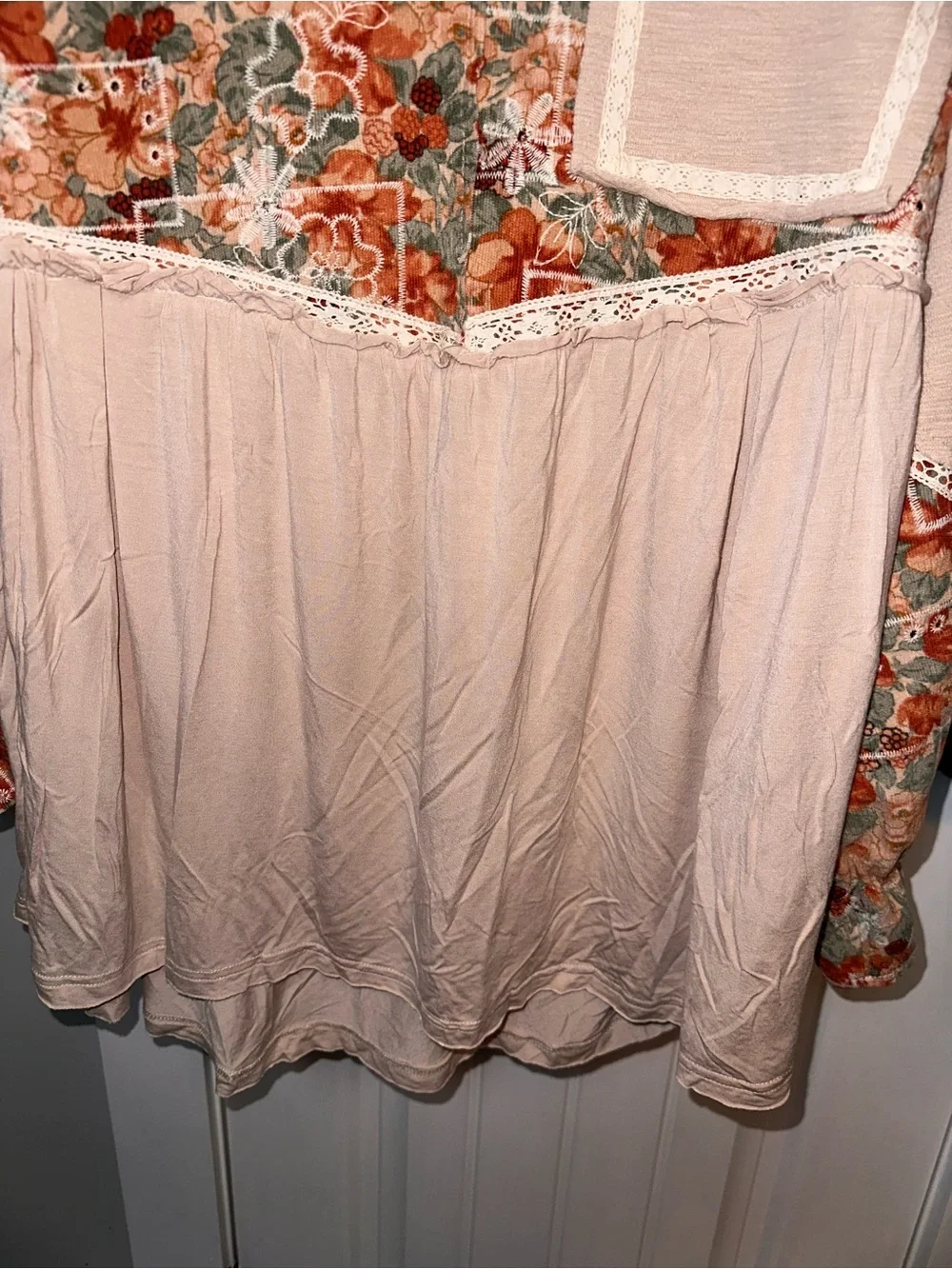 POL Size Small Oversized Boho Floral Patchwork V-Neck Tunic Top - Beige